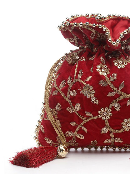 Buy Red & Gold Embroidered Potli Bag – Elegant Floral Design | Indiaista