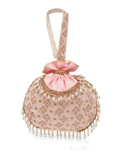 Buy Pink & Gold Embroidered Tasselled Potli Bag Online – Indiaista