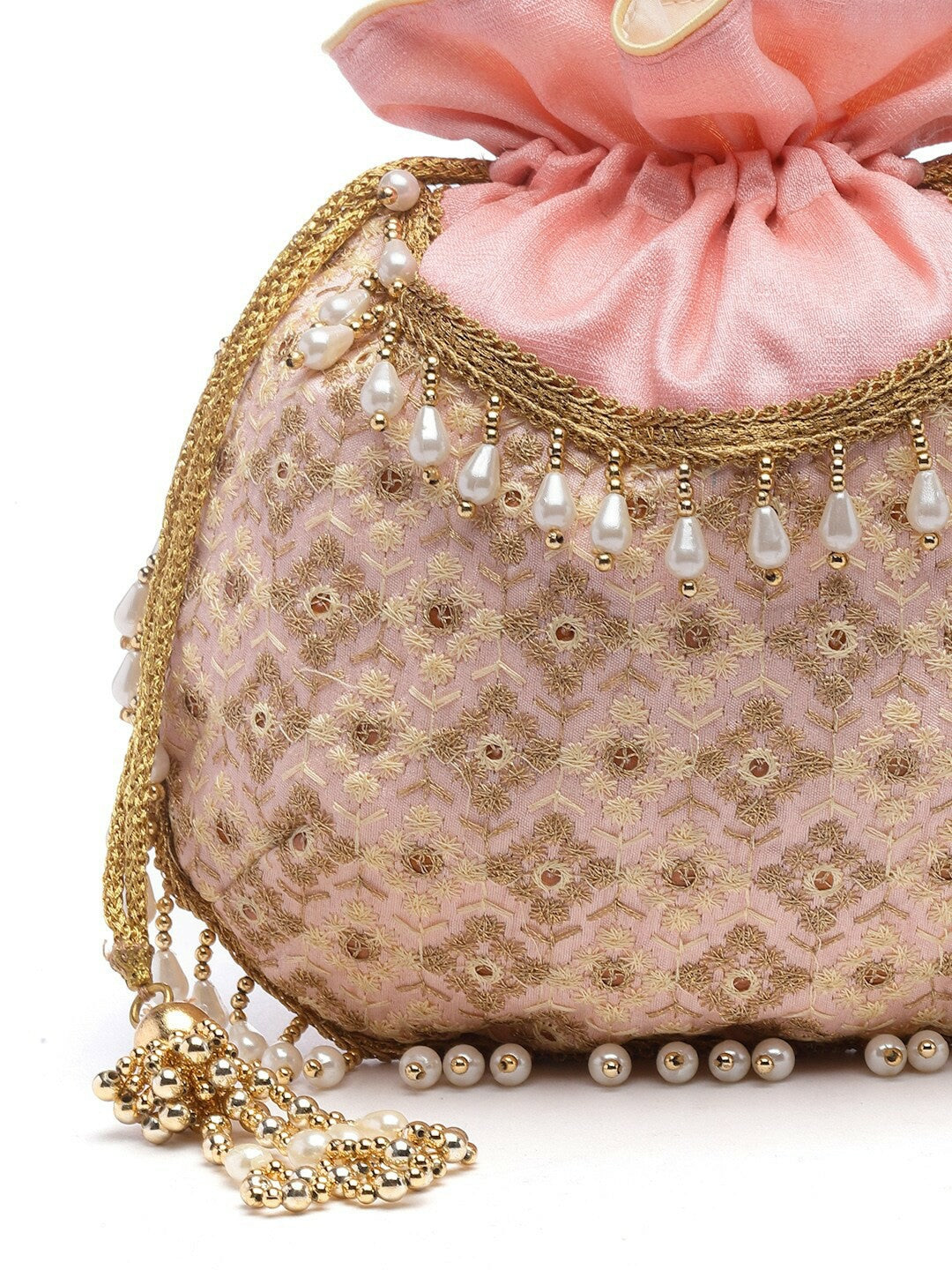 Buy Pink & Gold Embroidered Tasselled Potli Bag Online – Indiaista