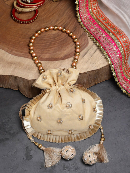 Buy Gold-Toned Embroidered Tasselled Potli Bag Online – Elegant & Stylish | Indiaista