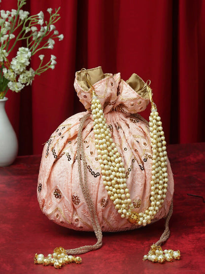 Buy Pink & Gold Embroidered Tasselled Potli Bags Online – Indiaista