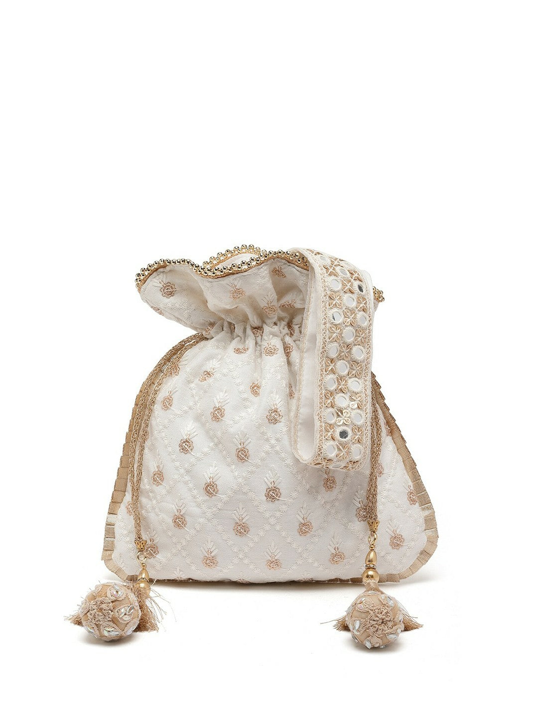 Buy Off-White & Gold Embroidered Tasselled Potli Bags Online – Indiaista