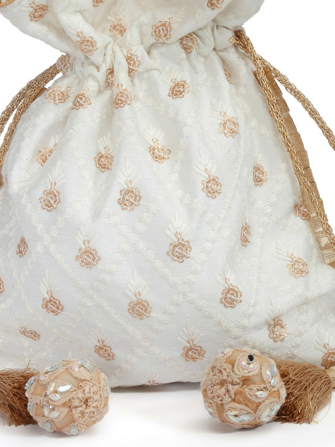 Buy Off-White & Gold Embroidered Tasselled Potli Bags Online – Indiaista