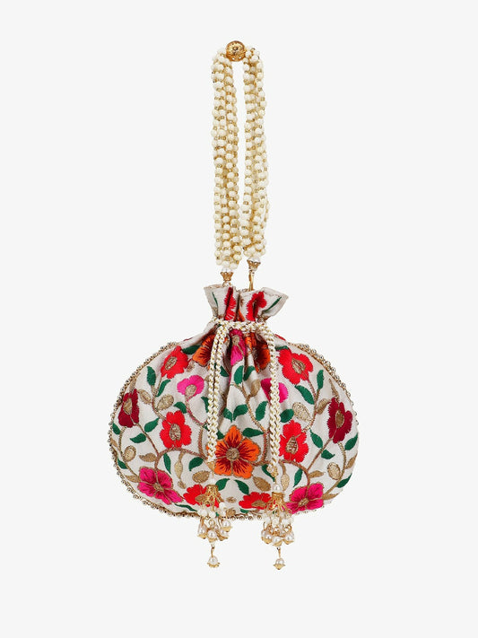 Buy Women’s Cream & Orange Embroidered Potli Clutch Bag Online | Indiaista