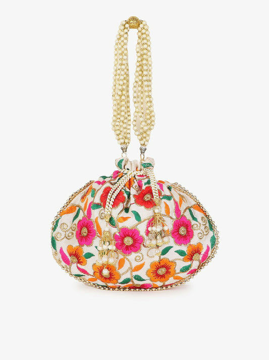 Buy Elegant Cream & Green Embroidered Tasselled Potli Bag Online – Indiaista