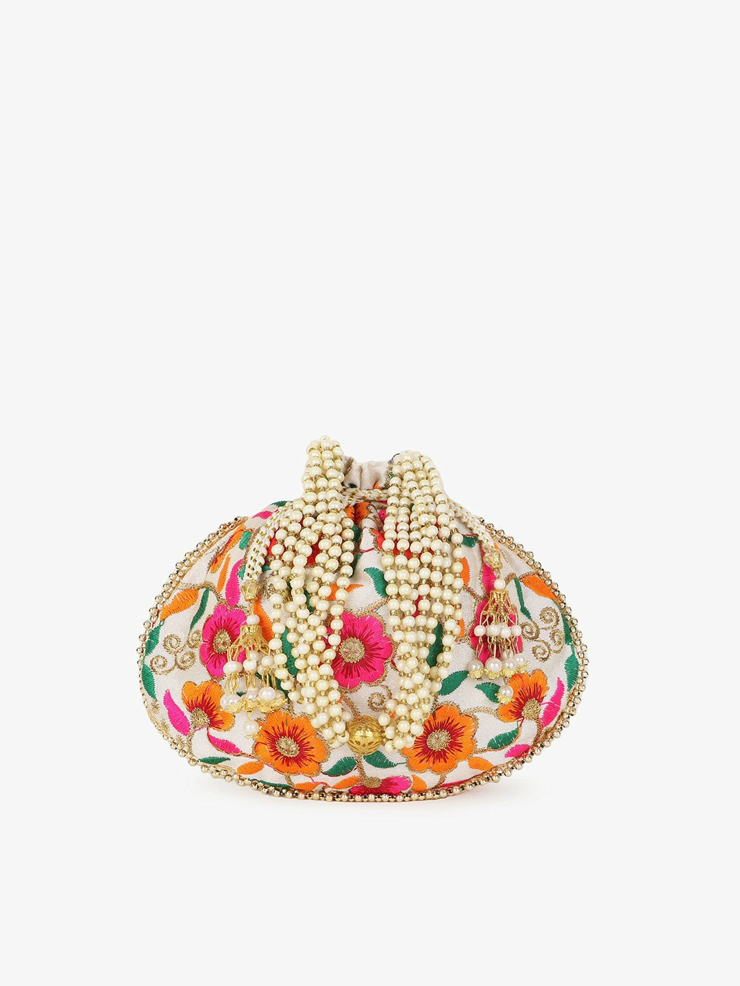 Buy Elegant Cream & Green Embroidered Tasselled Potli Bag Online – Indiaista