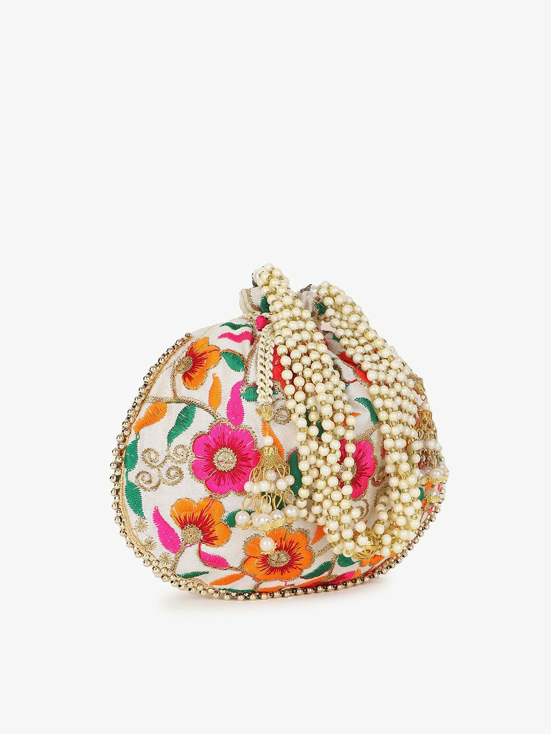 Buy Elegant Cream & Green Embroidered Tasselled Potli Bag Online – Indiaista