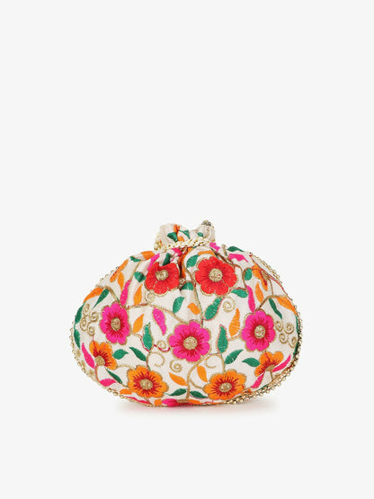 Buy Elegant Cream & Green Embroidered Tasselled Potli Bag Online – Indiaista