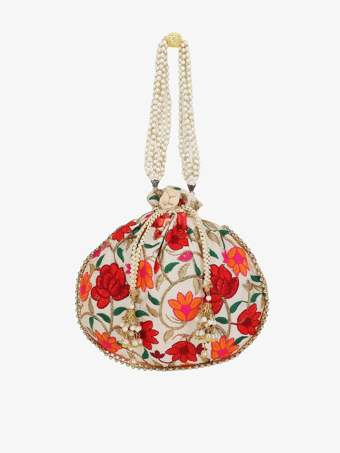 Buy Elegant Cream & Red Embroidered Potli Bag – Stylish Tasselled Clutch