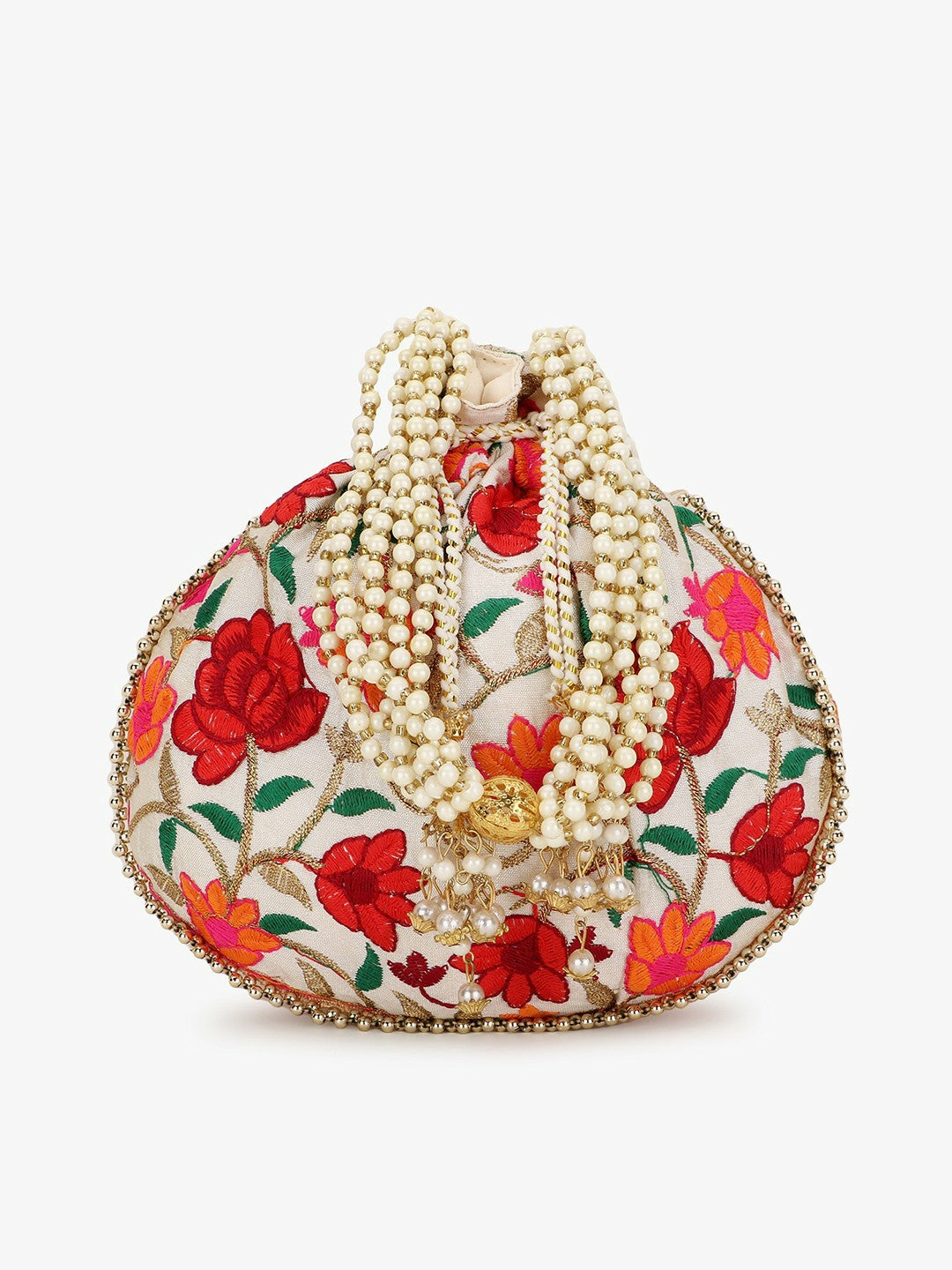 Buy Elegant Cream & Red Embroidered Potli Bag – Stylish Tasselled Clutch