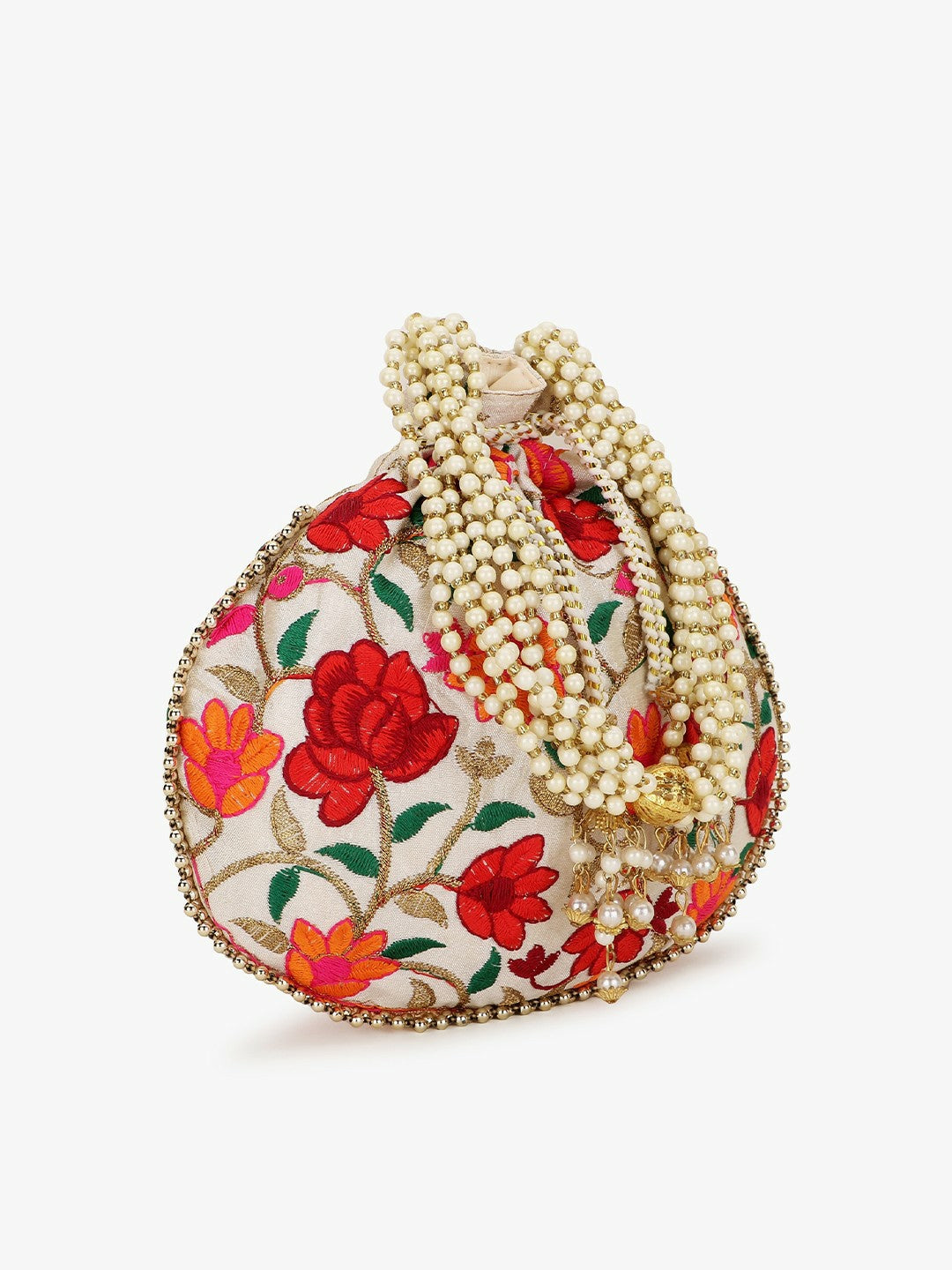 Buy Elegant Cream & Red Embroidered Potli Bag – Stylish Tasselled Clutch