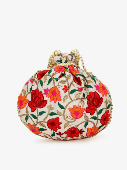 Buy Elegant Cream & Red Embroidered Potli Bag – Stylish Tasselled Clutch