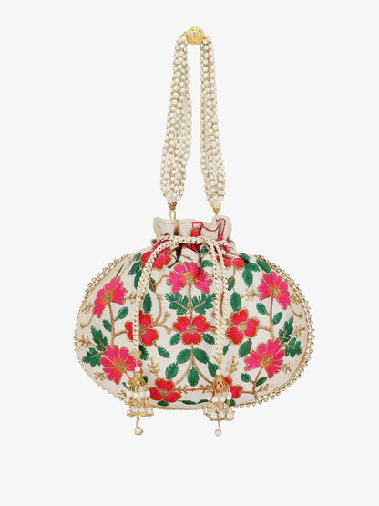 Buy Women’s Cream & Green Embroidered Potli Clutch Bag | Indiaista