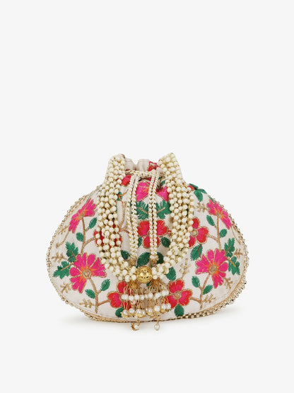 Buy Women’s Cream & Green Embroidered Potli Clutch Bag | Indiaista