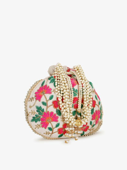 Buy Women’s Cream & Green Embroidered Potli Clutch Bag | Indiaista