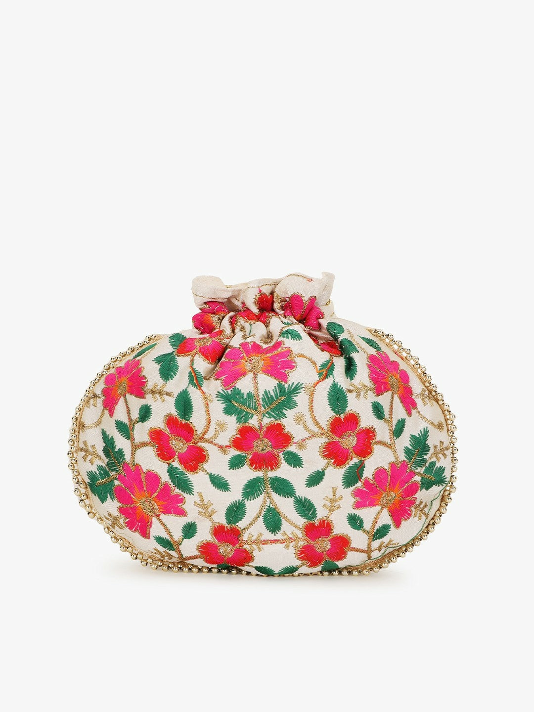 Buy Women’s Cream & Green Embroidered Potli Clutch Bag | Indiaista