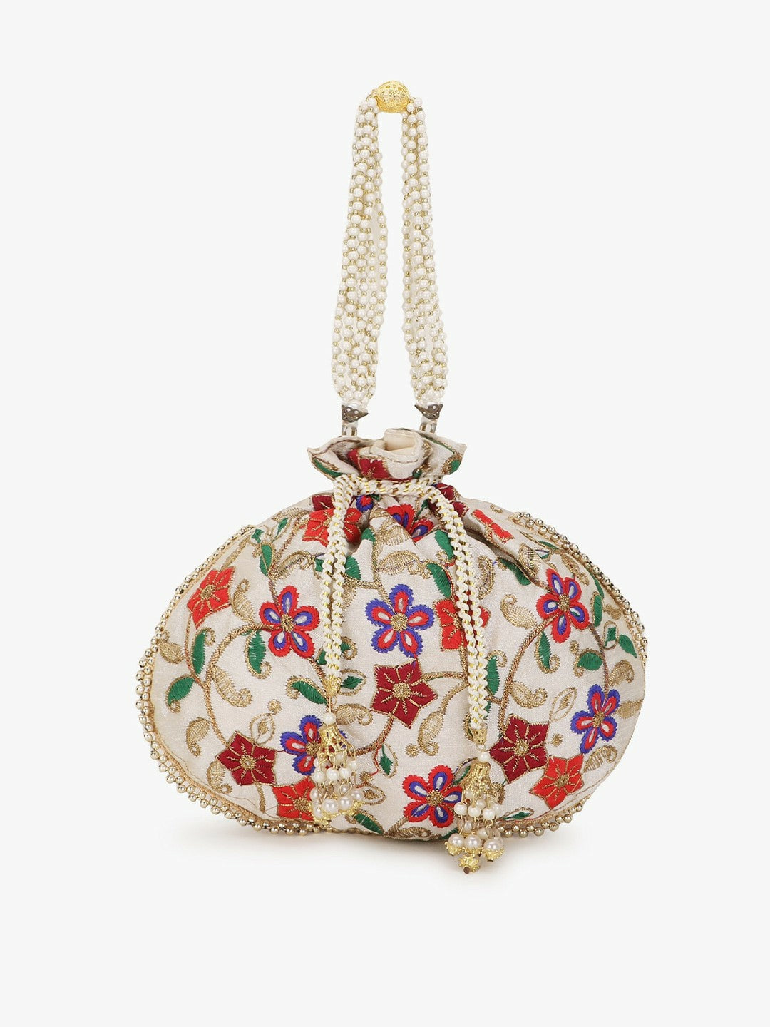 Buy Elegant Cream & Purple Embroidered Potli Clutch | Indiaista