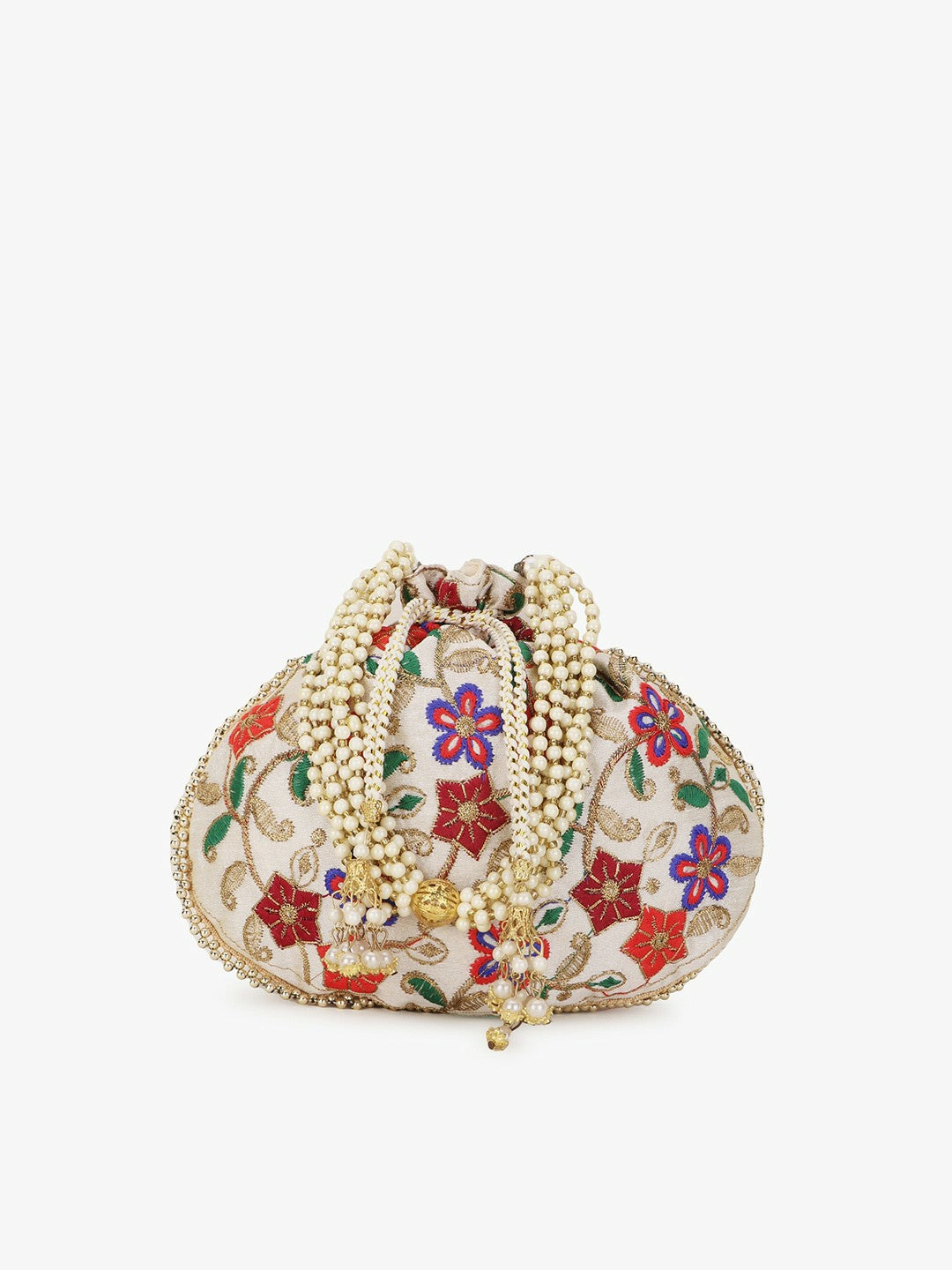 Buy Elegant Cream & Purple Embroidered Potli Clutch | Indiaista