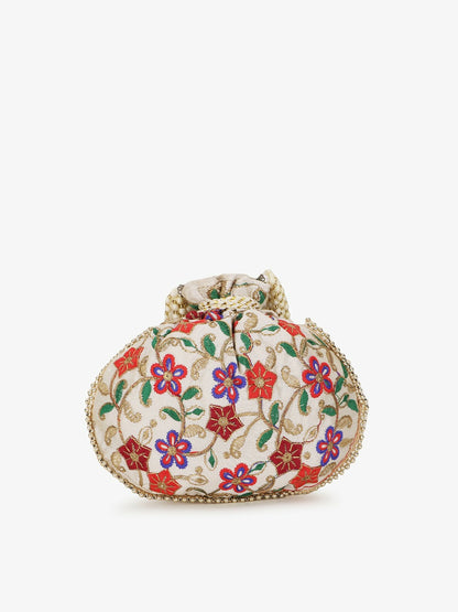 Buy Elegant Cream & Purple Embroidered Potli Clutch | Indiaista