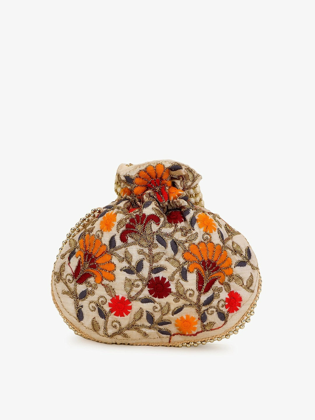 Buy Cream-Coloured & Red Embroidered Tasselled Potli Bag Online – Indiaista