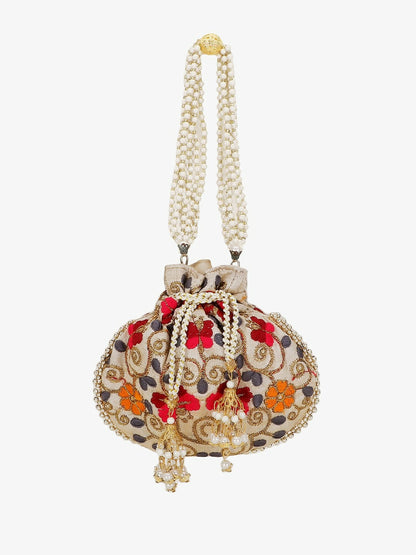 Buy Elegant Cream & Red Embroidered Tasselled Potli Clutch – Indiaista