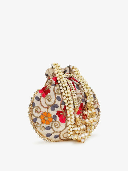 Buy Elegant Cream & Red Embroidered Tasselled Potli Clutch – Indiaista