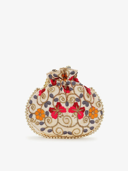 Buy Elegant Cream & Red Embroidered Tasselled Potli Clutch – Indiaista