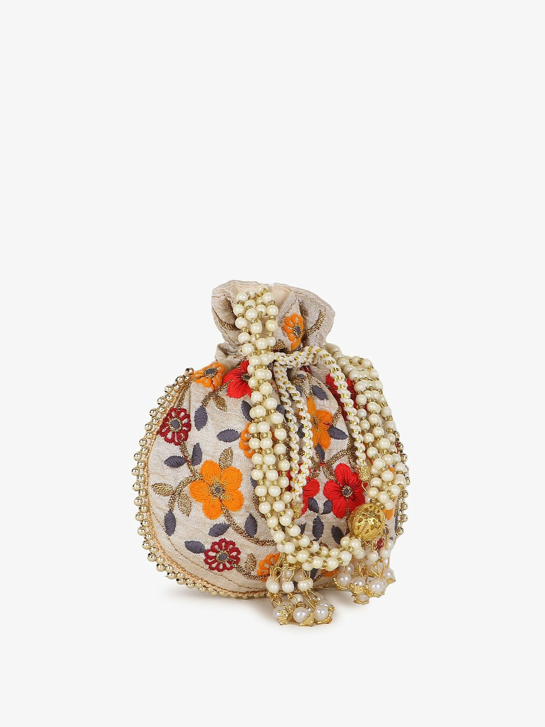 Buy Cream-Coloured & White Embroidered Tasselled Potli Clutch Bag Online | Indiaista