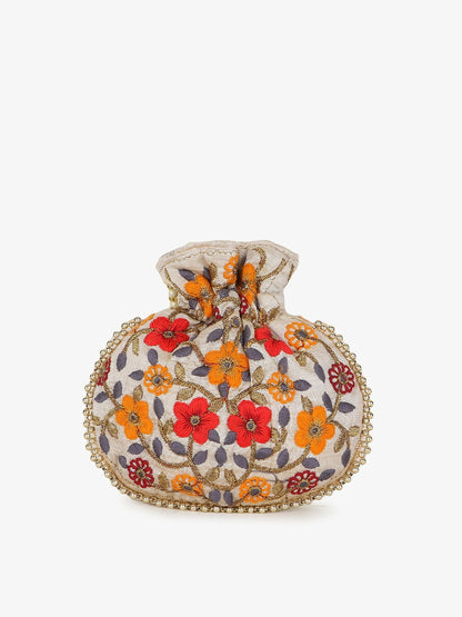 Buy Cream-Coloured & White Embroidered Tasselled Potli Clutch Bag Online | Indiaista