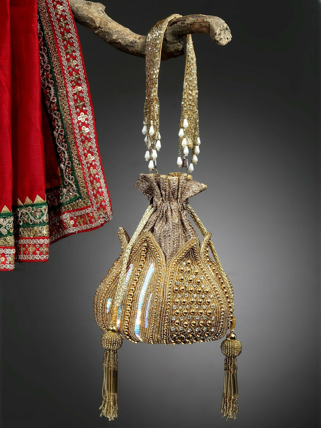 Buy Gold-Toned Embellished Tasselled Potli Bags Online – Indiaista